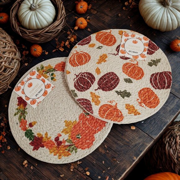 Harvest Collection Pumpkin & Fall Leaves Braided Trivets – 2 Sets (4 Total) - Picture 1 of 5